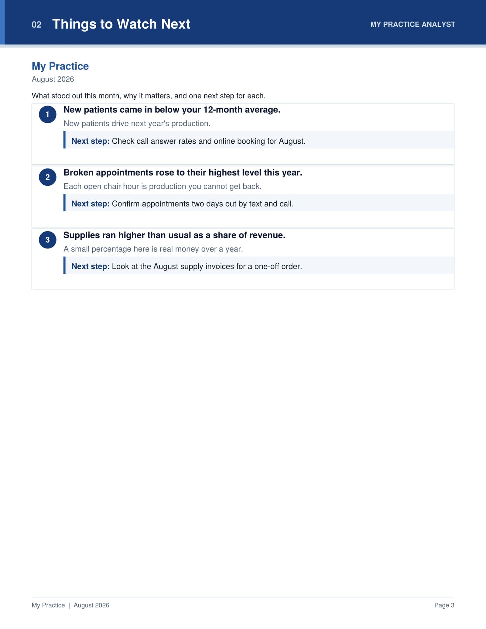 Packet page 02, Things to Watch Next: three numbered items, each with why it matters and one next step.